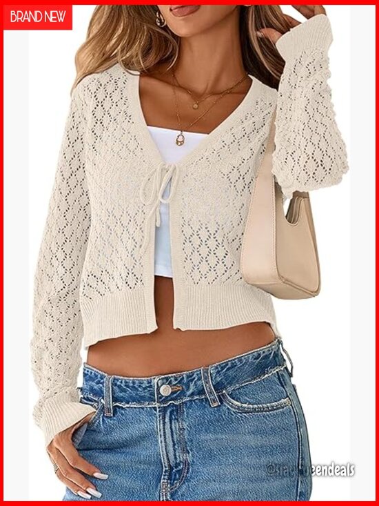 Sweaters - Crochet Tie Front Shrug Cardigan Long Sleeve Knit Crop Top